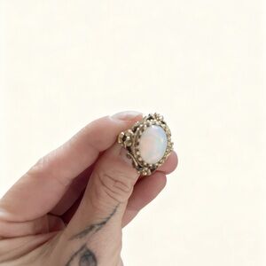 Gold-Tone Opal Cabochon Statement Ring - White Opal